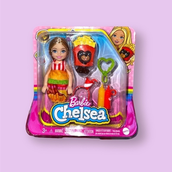 Barbie Chelsea Dress-Up Small Doll, in Burger Costume with Puppy & Accessories - Picture 1 of 4